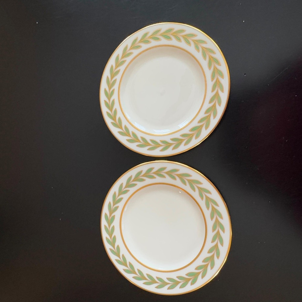 Lenox ATHENIA (2) Bread Plates Rim Shape Green Laurel Leaves 6.25 Inch